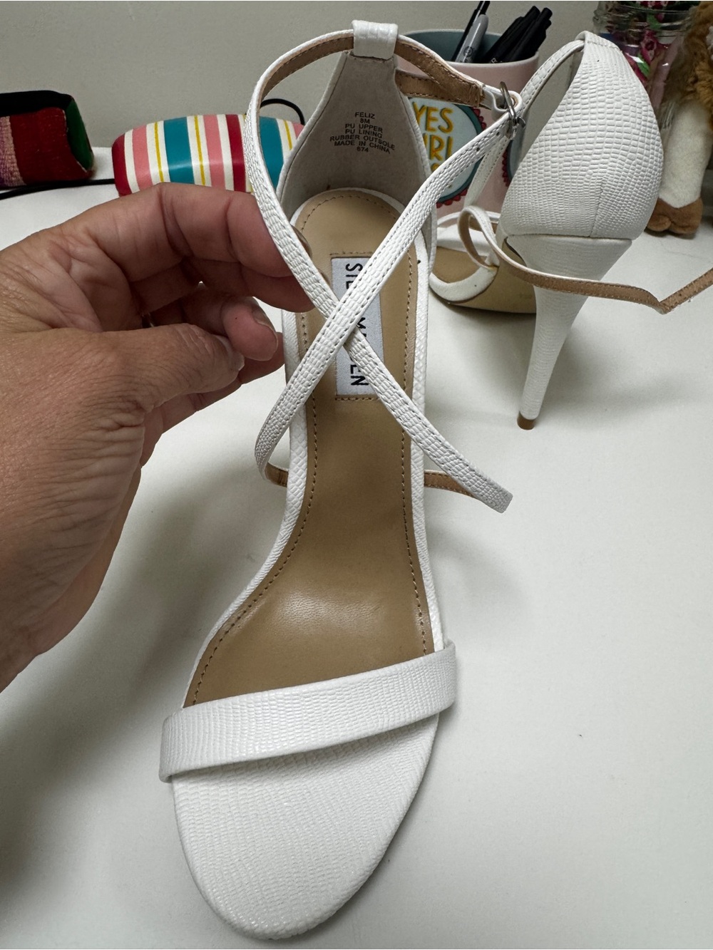 Seven7 White Textured Ankle-Strap Heels
